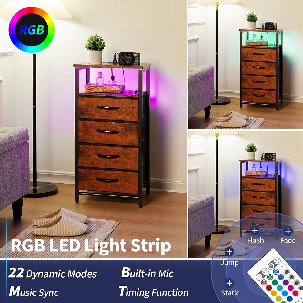 Yoobure Night Stand - LED Rustic Nightstand with Charging Station for Dorm | ...