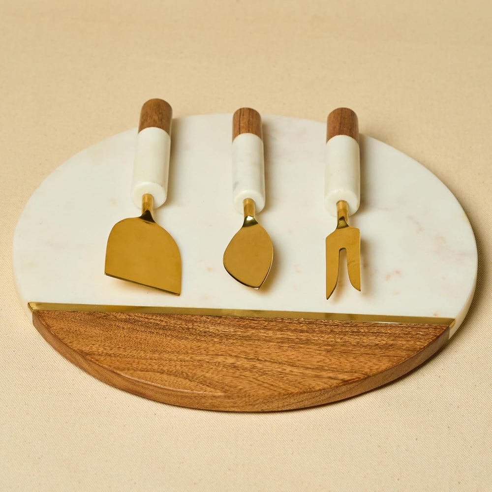 Marble Cheese Board with Wooden Thick Inlay - 3 Knife Set Included Round Char...