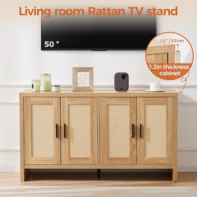 Rattan Buffet Cabinet with Storage, Sideboard Cabinet with Doors and Adjustab...