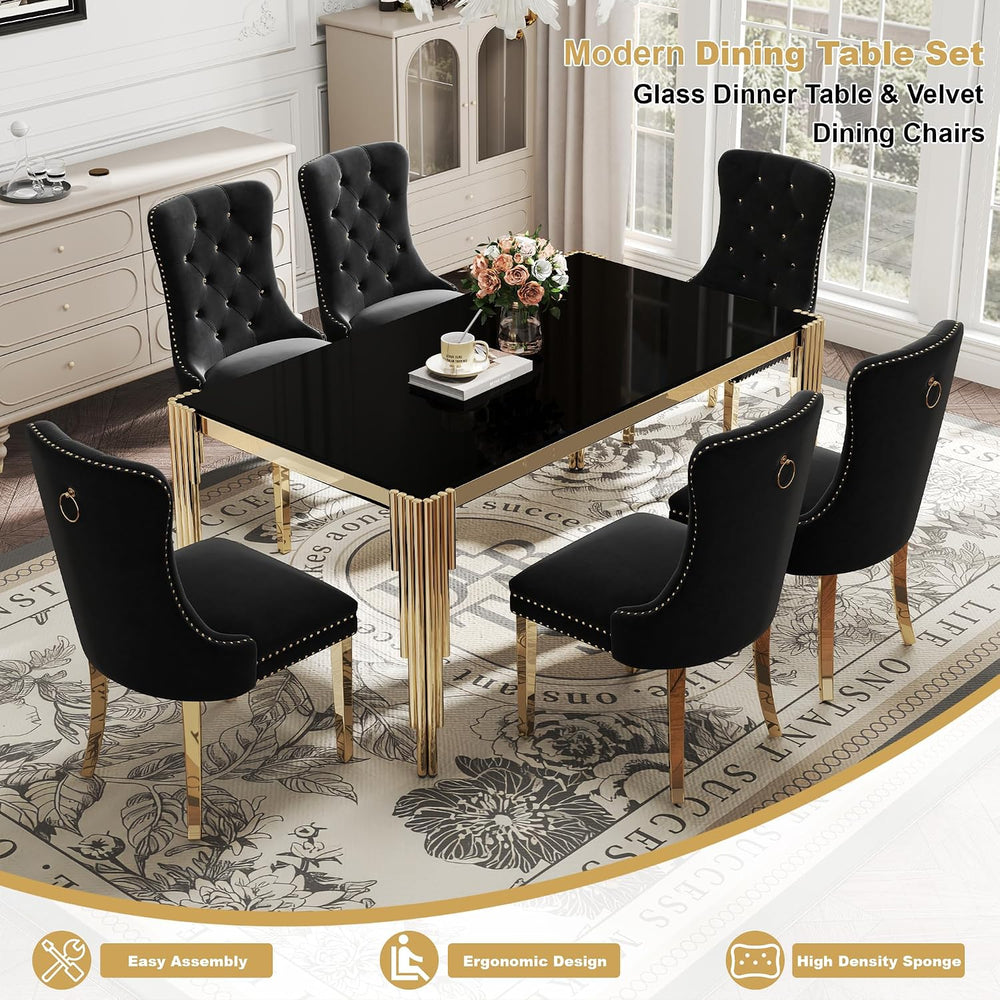 7 Piece Glass Dining Table Set for 6, 65" Rectangle Kitchen Table with 6...