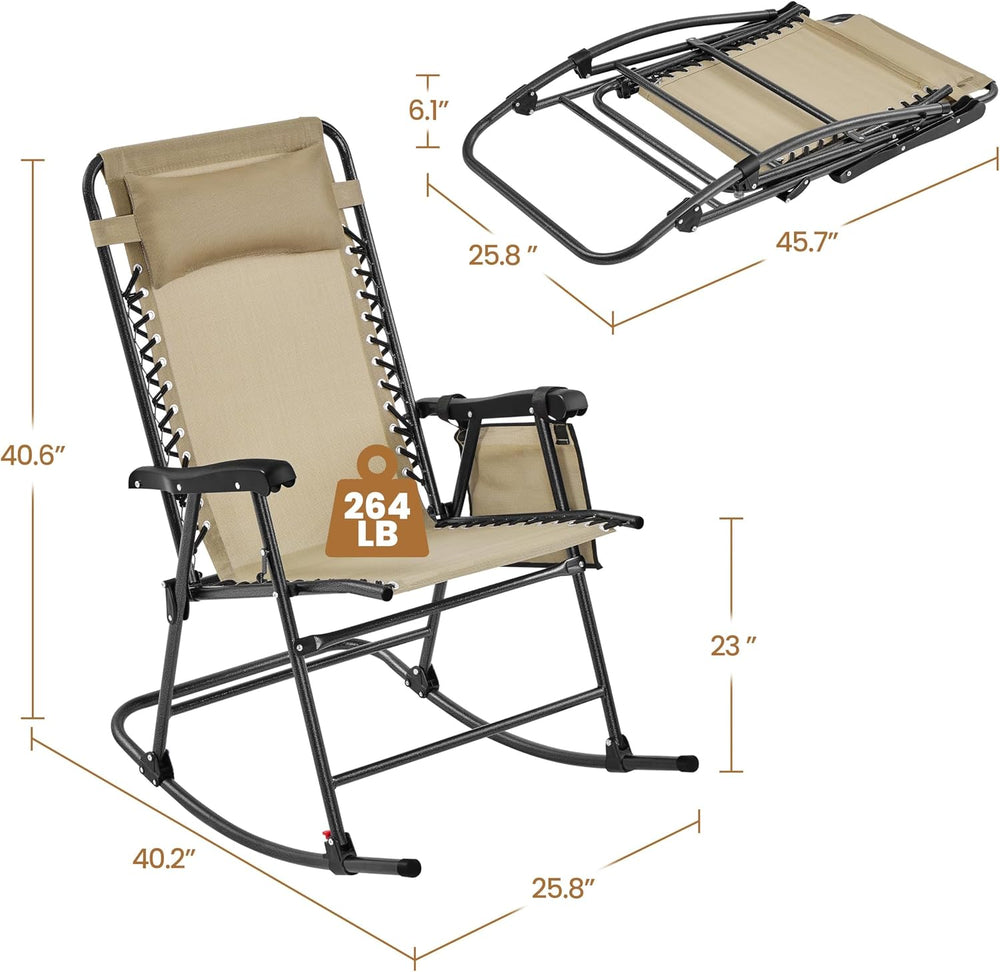 Yaheetech Patio Rocking Chair Folding Camping Chair with Pocket, Beige | Fold...