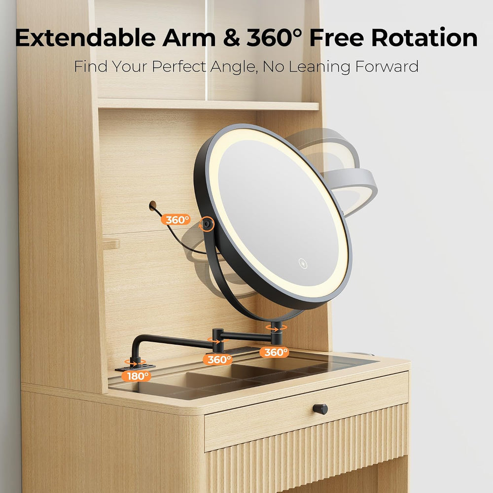 IRONCK Small Vanity Desk with LED Mirror, Glass Top & Storage Stool | 26-...