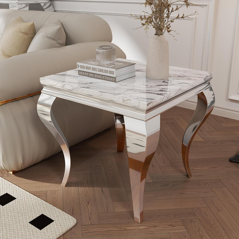 Square Faux Marble End Table, Modern Elegant Side Table with Stainless Steel ...