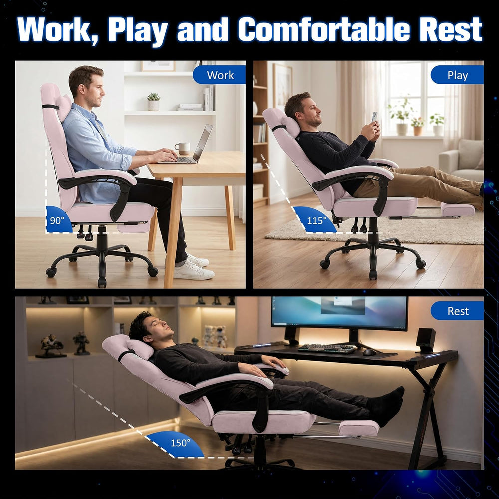 Gaming Chair for Adults with Massage Lumbar Suppor, Fabric Pink | Footrest
