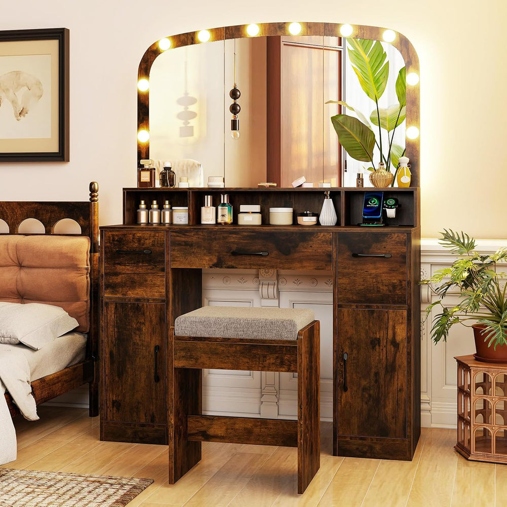 CHARMAID Large Vanity Desk with Arched Mirror and Lights, Vintage Makeup Vani...