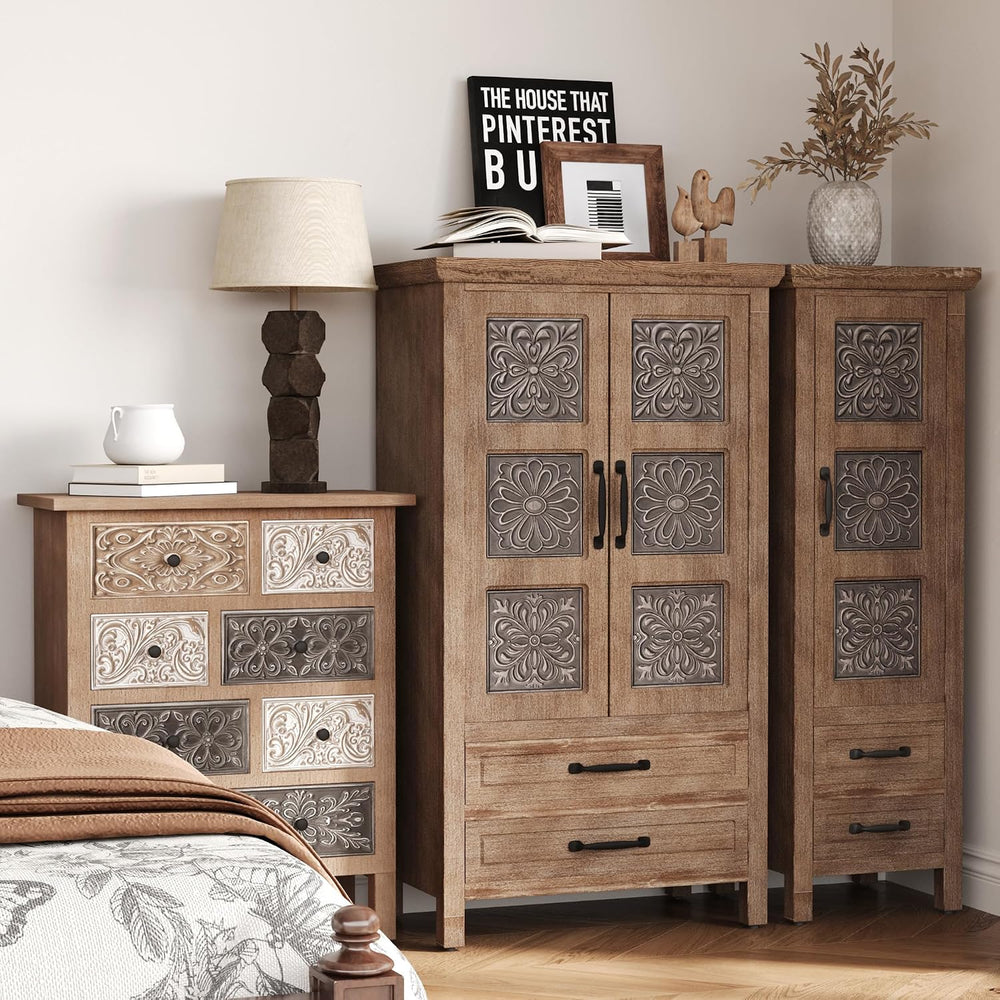 COSIEST 8-Drawer Boho Accent Cabinet, Hand-Carved Wood, Fully Assembled