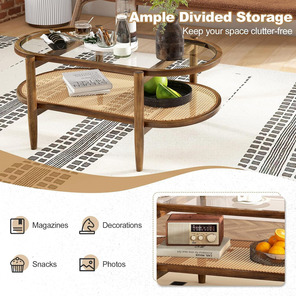 GIANTEX Rattan Coffee Table, 2-Tier Oval Acacia Wood Tea Table w/Tempered Gla...