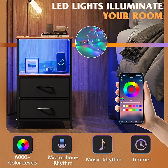 WLIVE Nightstand with Charging Station, LED Night Stand with 2 Fabric Drawers...