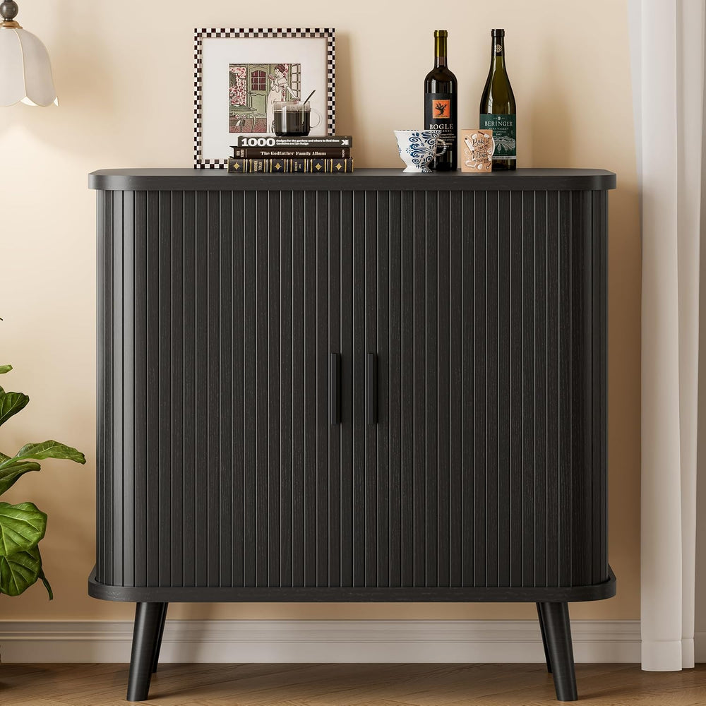 Xixini Fluted Sideboard Buffet Cabinet with Sliding Doors, 31.5", Black