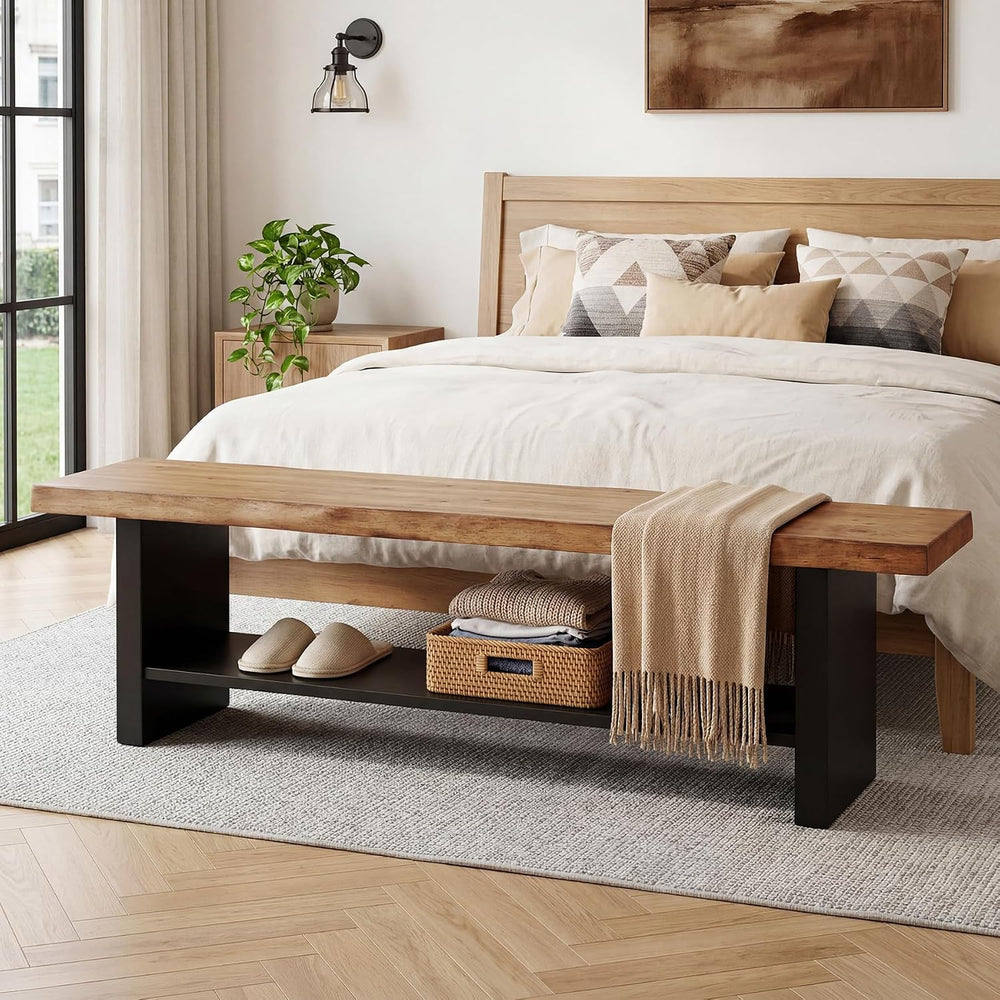 55" Solid Wood Bench with Shoe Storage, 2-Tier Farmhouse Entryway Bench,...