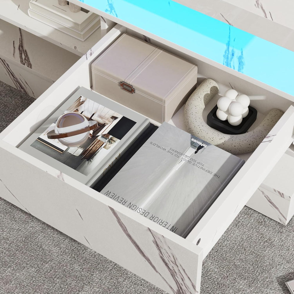 47.2 Inch Modern High Glossy LED Coffee Table with 2 Sliding Drawers, Double-...