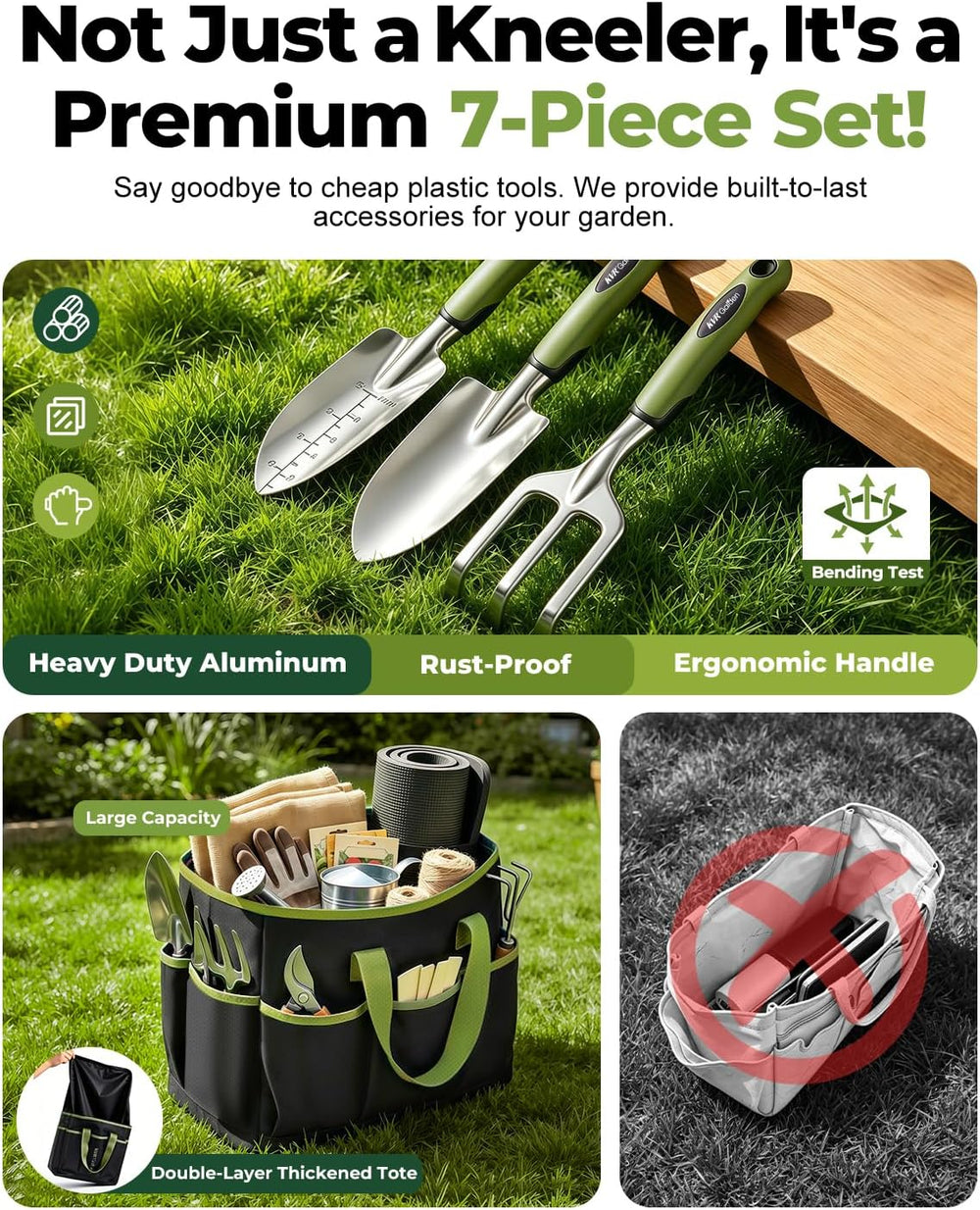 Garden Stool & Kneeler 7-Piece Set with 3 Aluminum Tools, Double-Layer To...