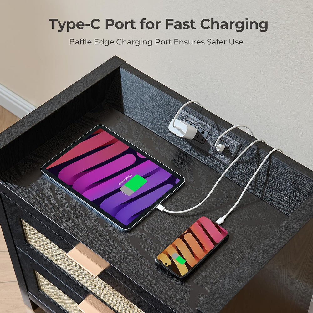 SICOTAS Rattan Nightstands Set of 2 : Bedside Table with 2 Large Drawers