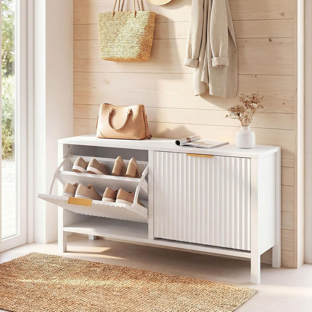 Giantex Shoe Storage Bench with 2 Flip Drawers, Wooden Entryway Bench with St...