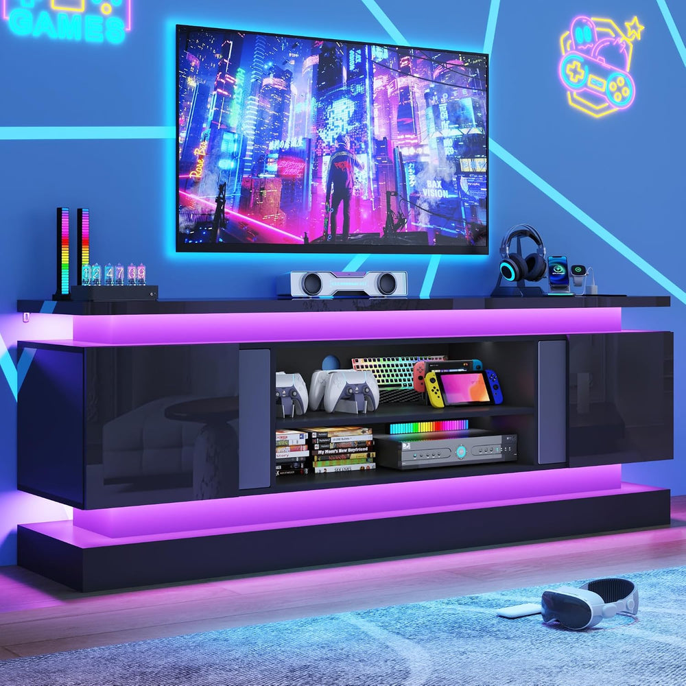 St.Mandyu 71" 2 LED TV Stand for TVs 85 inch,High Gloss Gaming Tall Ente...