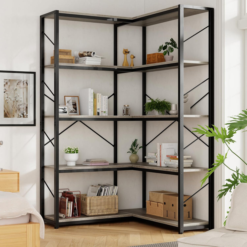 Shintenchi 5 Tier Corner Bookshelf, L Shaped Large Bookcase, Grey