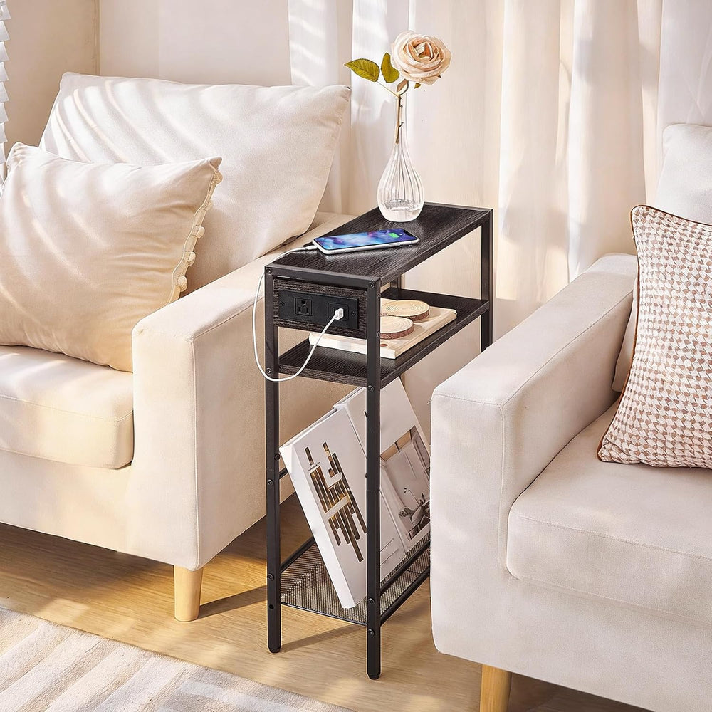 HOOBRO Small Narrow Side Table with Charging Station, Skinny End Table for Sm...