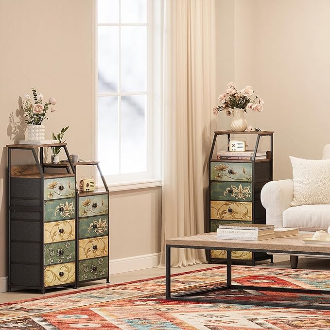 Tohomeor Dresser with Fabric Drawers Nightstand with 2 Tier Shelf Storage Tow...