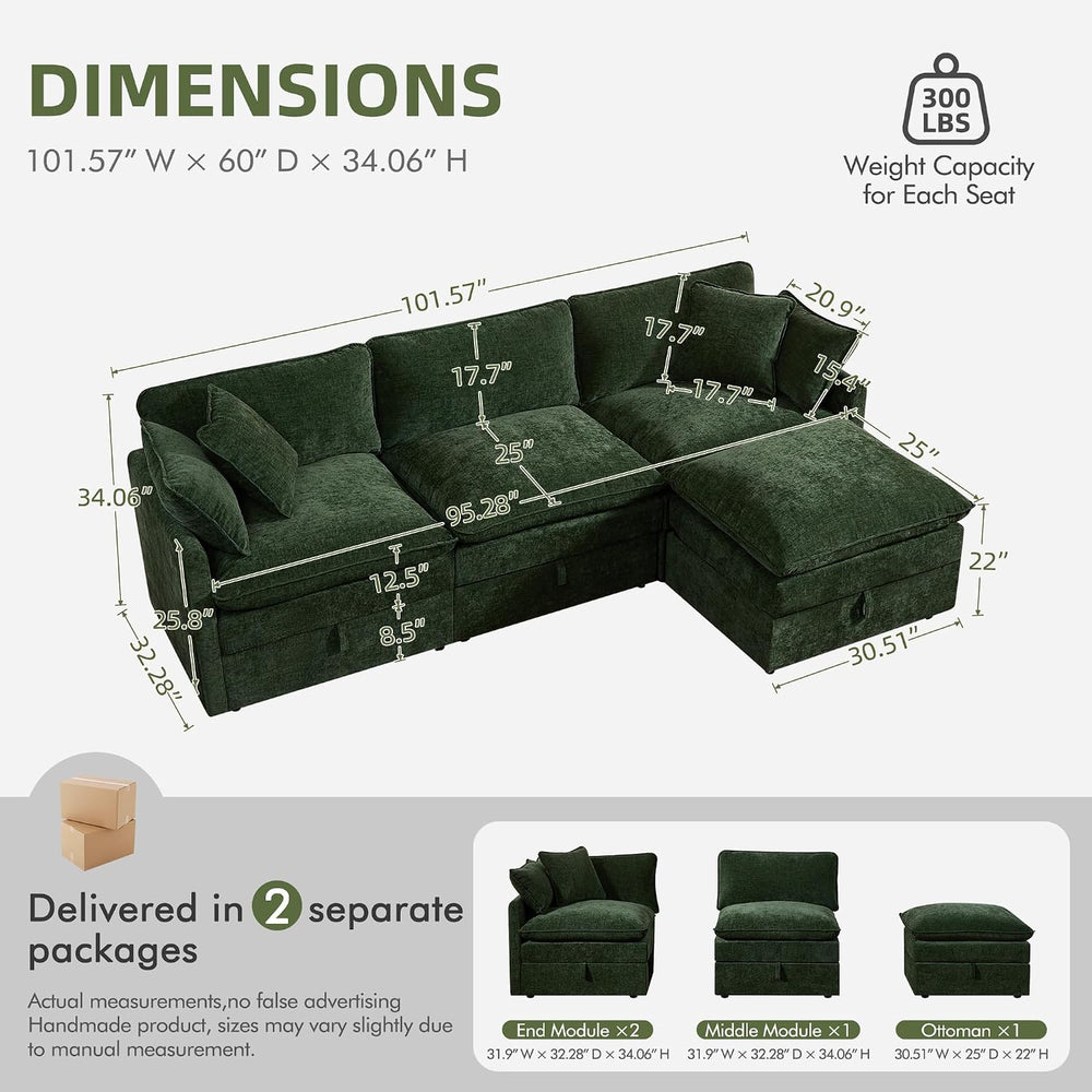 WorthFurni Modular Sectional Sofa with Storage Ottomans,103" L-Shaped Cl...