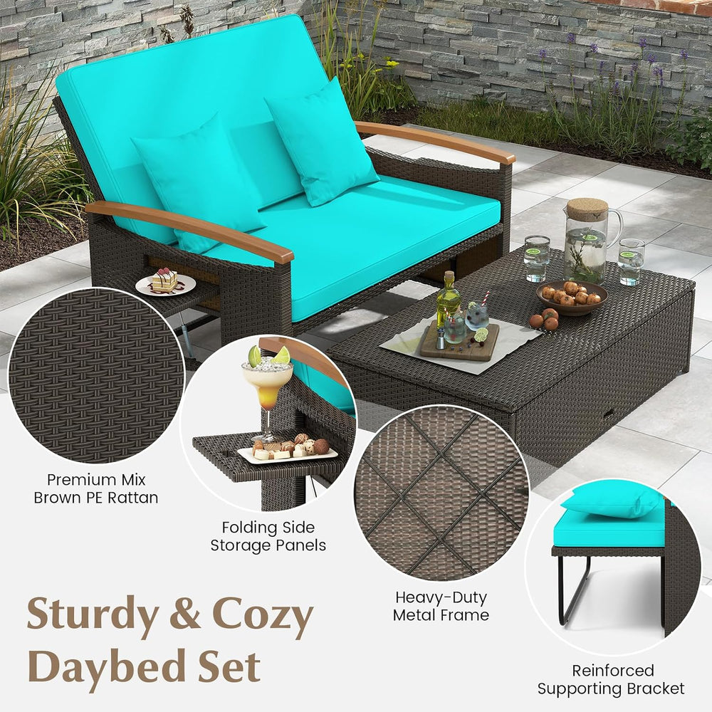 Moccha Outdoor Wicker Daybed, Patio Rattan Loveseat Sofa w/ 4-Level Adjustabl...