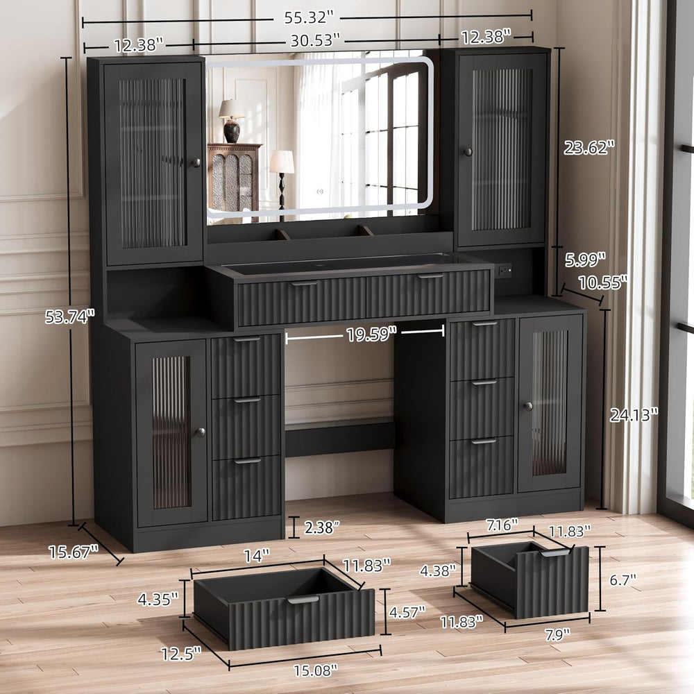55" Vanity Desk with Mirror & Lights, Fluted Makeup Vanity with 8 Dr...