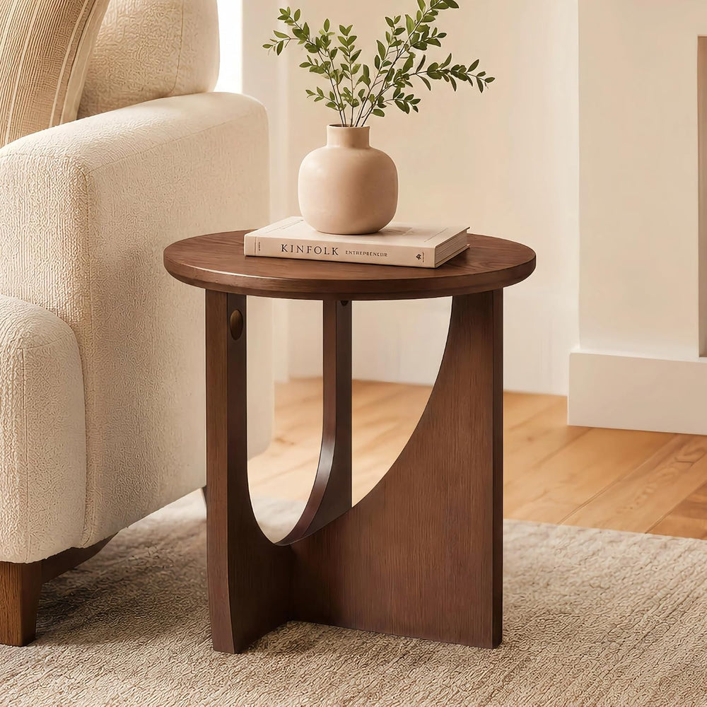 100% Solid Wood Round Side Table, 19.7'' Walnut Brown Small End Table...