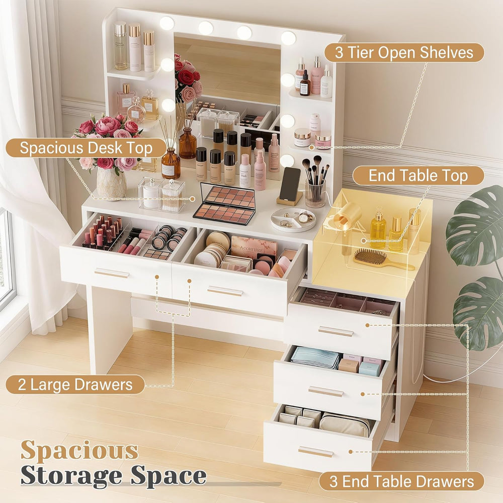 YESHOMY Makeup Vanity Desk with Mirror & Lights, Vanity Table with 5 Draw...