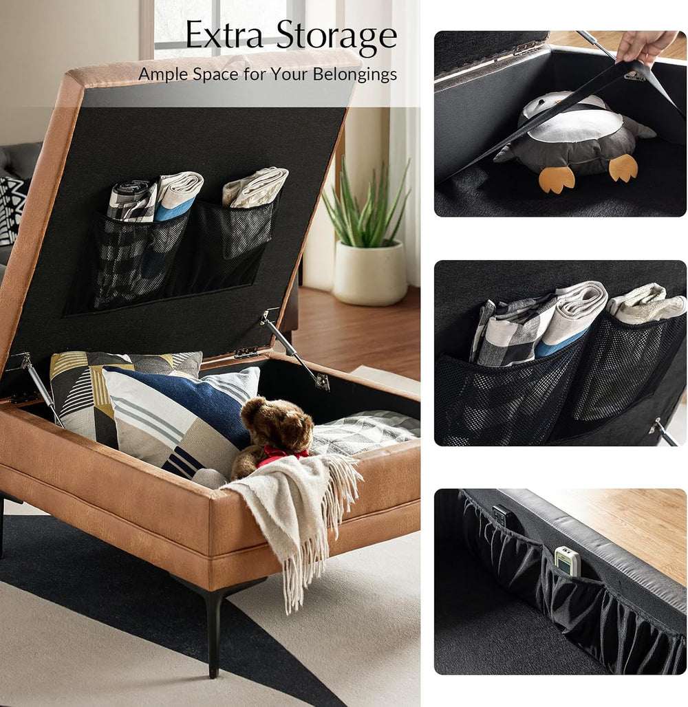 HULALA HOME Tufted Faux Leather Coffee Table, Camel | 36.5" Square Stora...