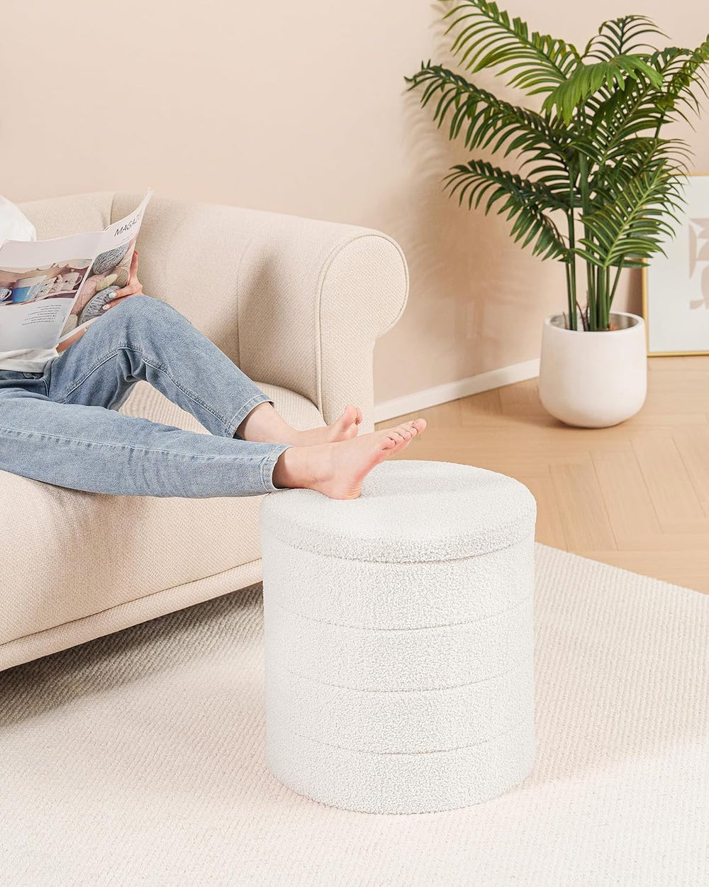 B FSOBEIIALEO Folding Storage Ottoman, Round Sherpa Ottomans, Cream White | 1...