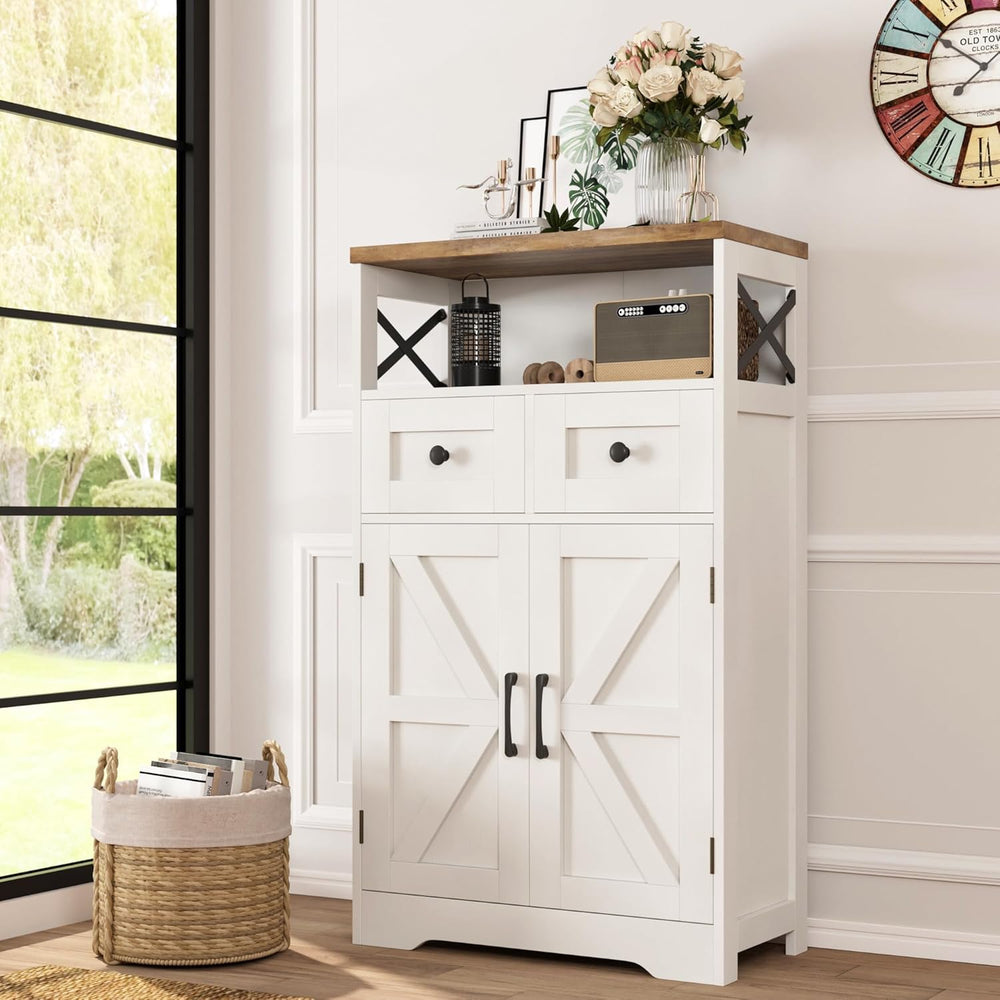 Farmhouse Storage Cabinet with Drawers, Small Kitchen Pantry Cabinet, White |...