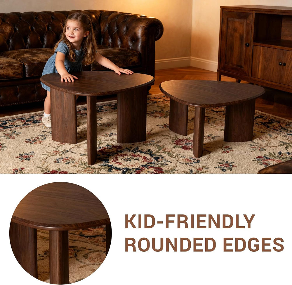 Nesting Coffee Table Set of 2, Modern Walnut Wood Veneer Coffee Table and Sid...