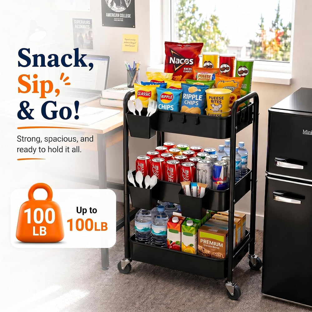 3 Tier Rolling Cart Metal with Wheels,Black Three Tiered Dorm Storage Carts