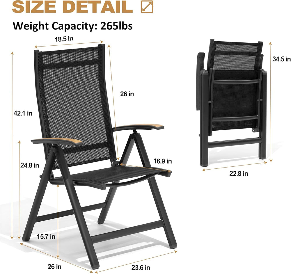 Folding Patio Chairs Set of 2, Aluminum High Back Outdoor Recliners with Teak...
