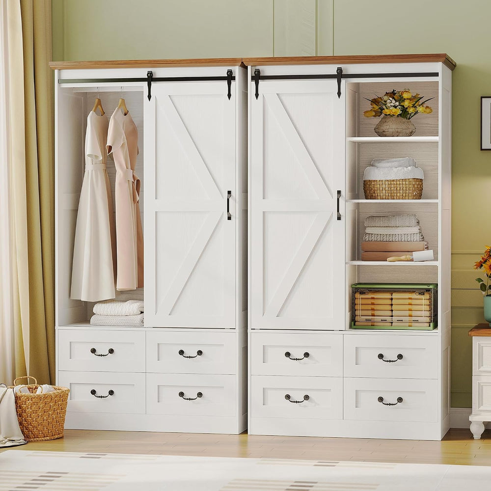 IRONCK Armoire Wardrobe Closet with 4 Drawers, Sliding Barn Doors, White