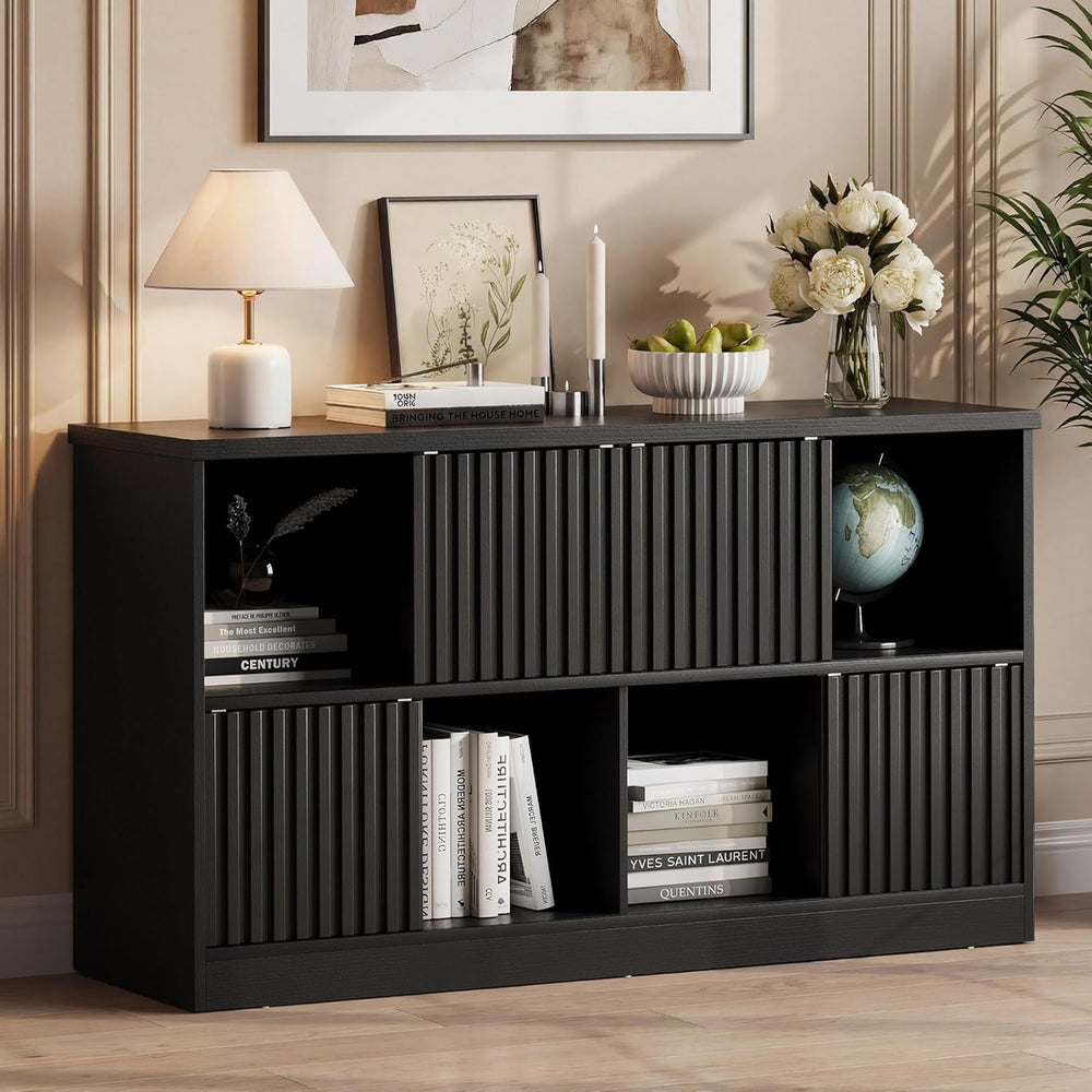 Einhomn 8 Cube Storage Organizer with Sliding Doors, Modern Fluted Bookshelf ...