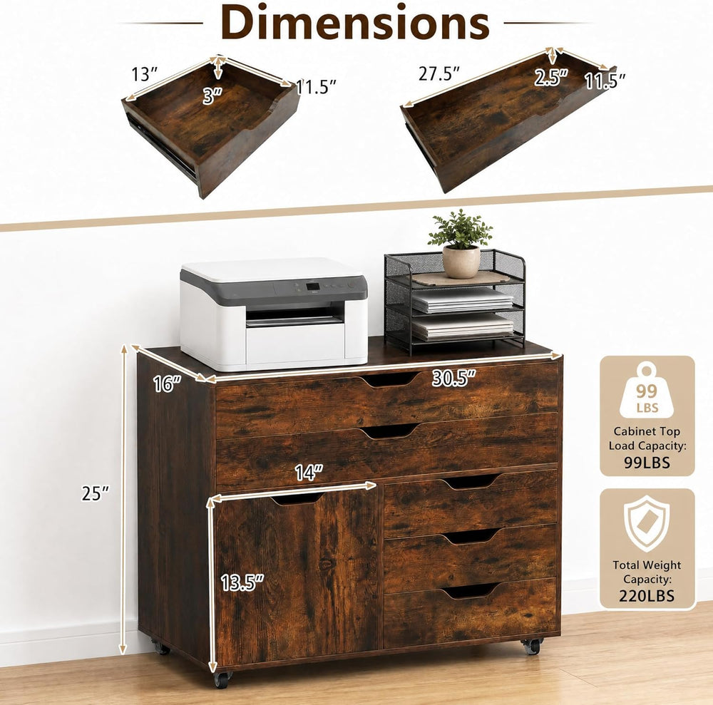 POWERSTONE Rolling File Cabinet 5-Drawer & One Side Door Storage Unit, Wo...