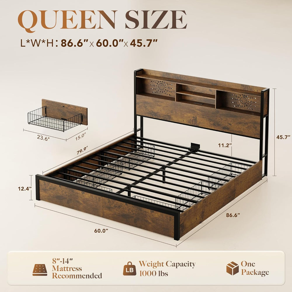 Belffin Queen Bed Frame with 6 Storage Drawers and Carving Headboard