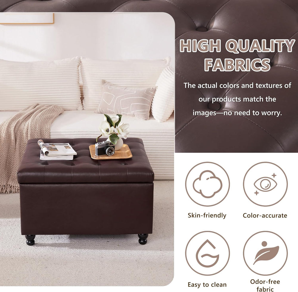 30" Large Square Ottoman with Storage, Leather Ottoman Coffee Table, Bro...