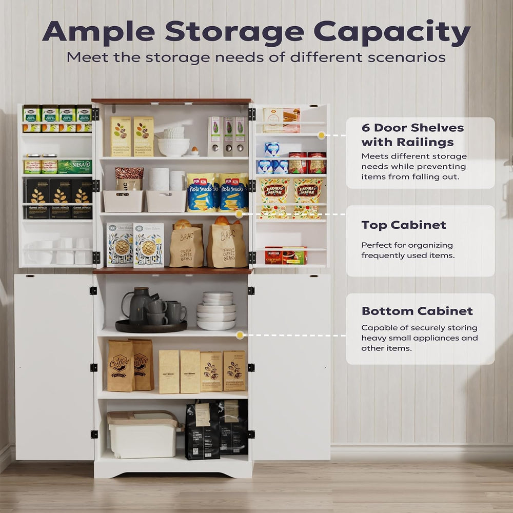 Furnify 72" Tall Kitchen Pantry Cabinet with Door Organizer, White | Far...