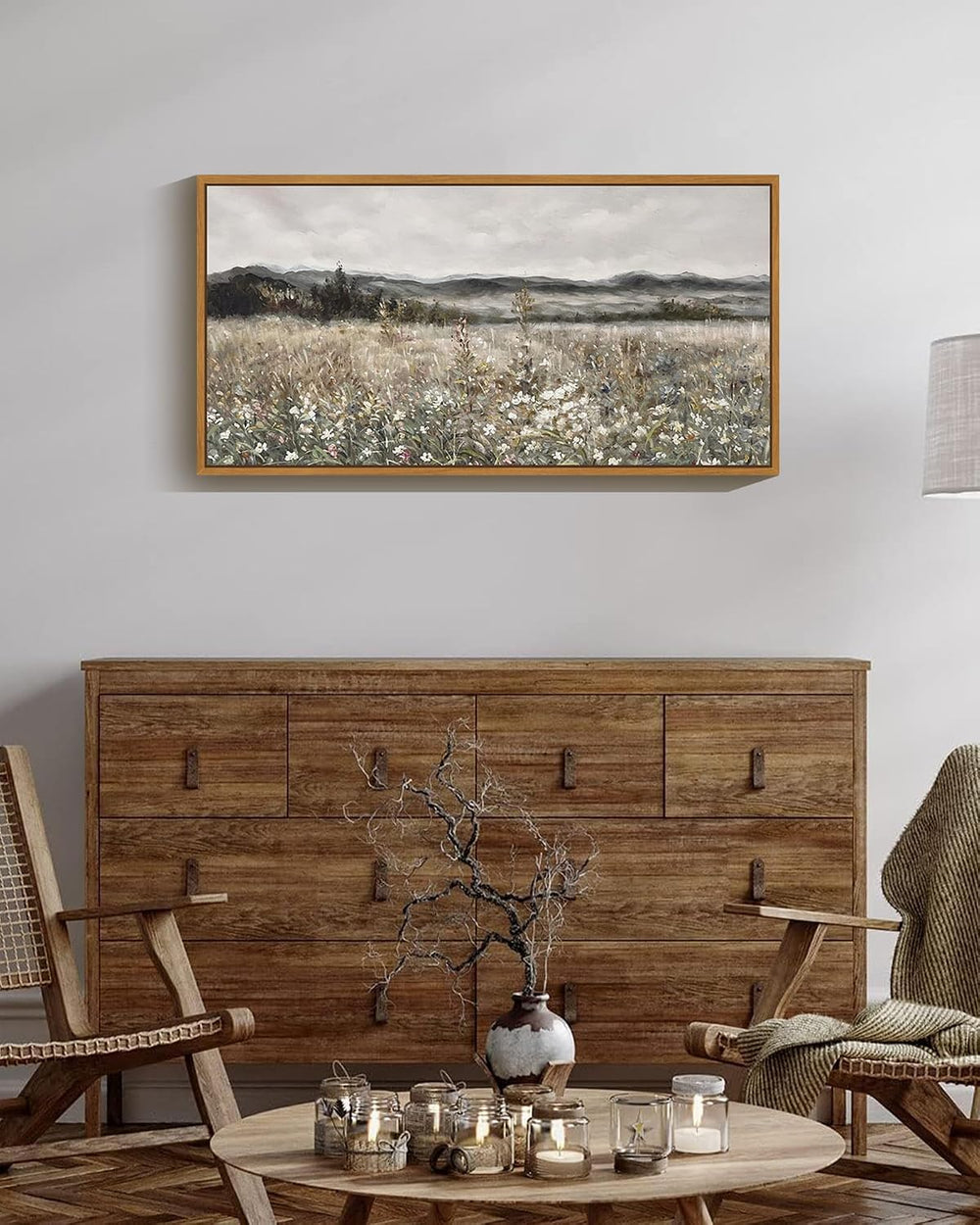 SHENIFY 20x40in Extra Large Vintage Framed Wall Art Meadow with Flowers Lands...