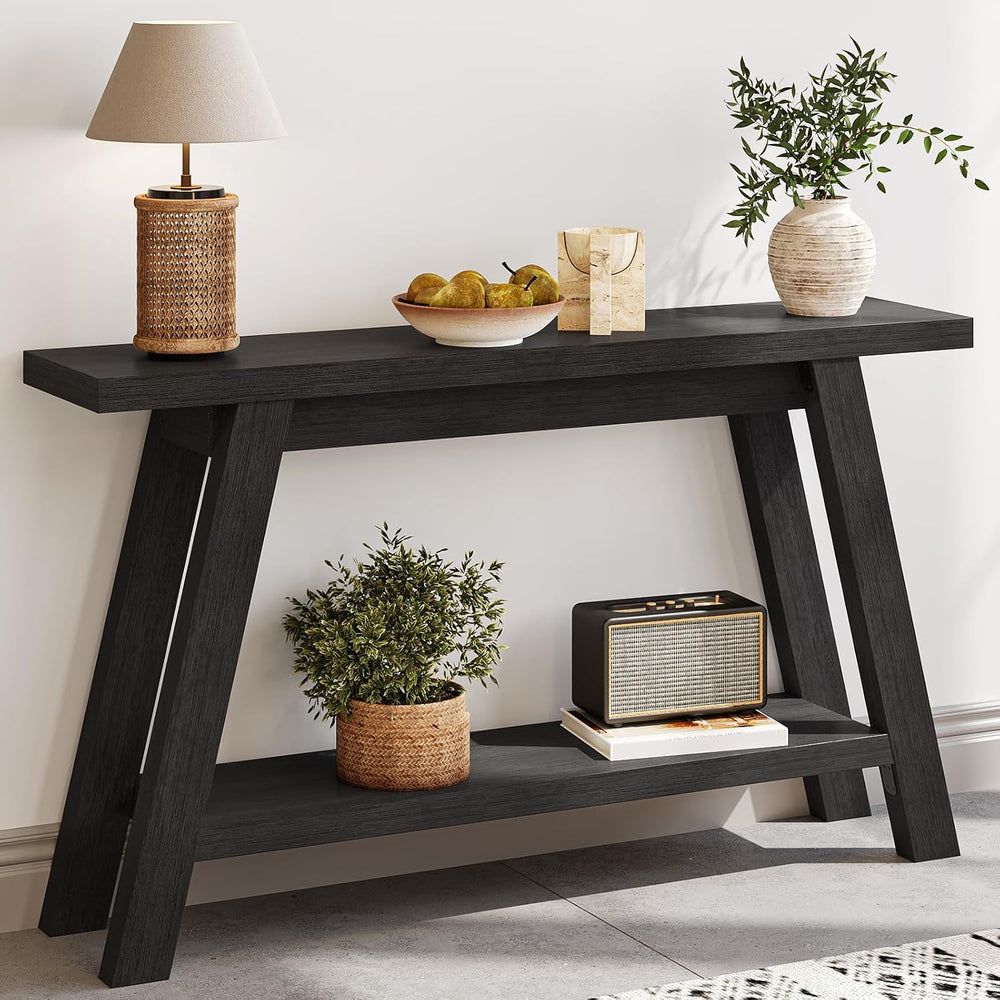 Black Console Table, 55Inch Entryway Console Tables 2-Tier Narrow Wood Consol...