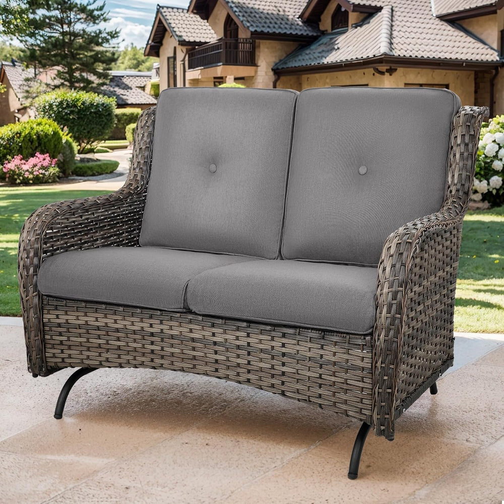 Patio Loveseat Wicker Loveseat Rattan Glider Sofa with Curved Armrest Thickin...