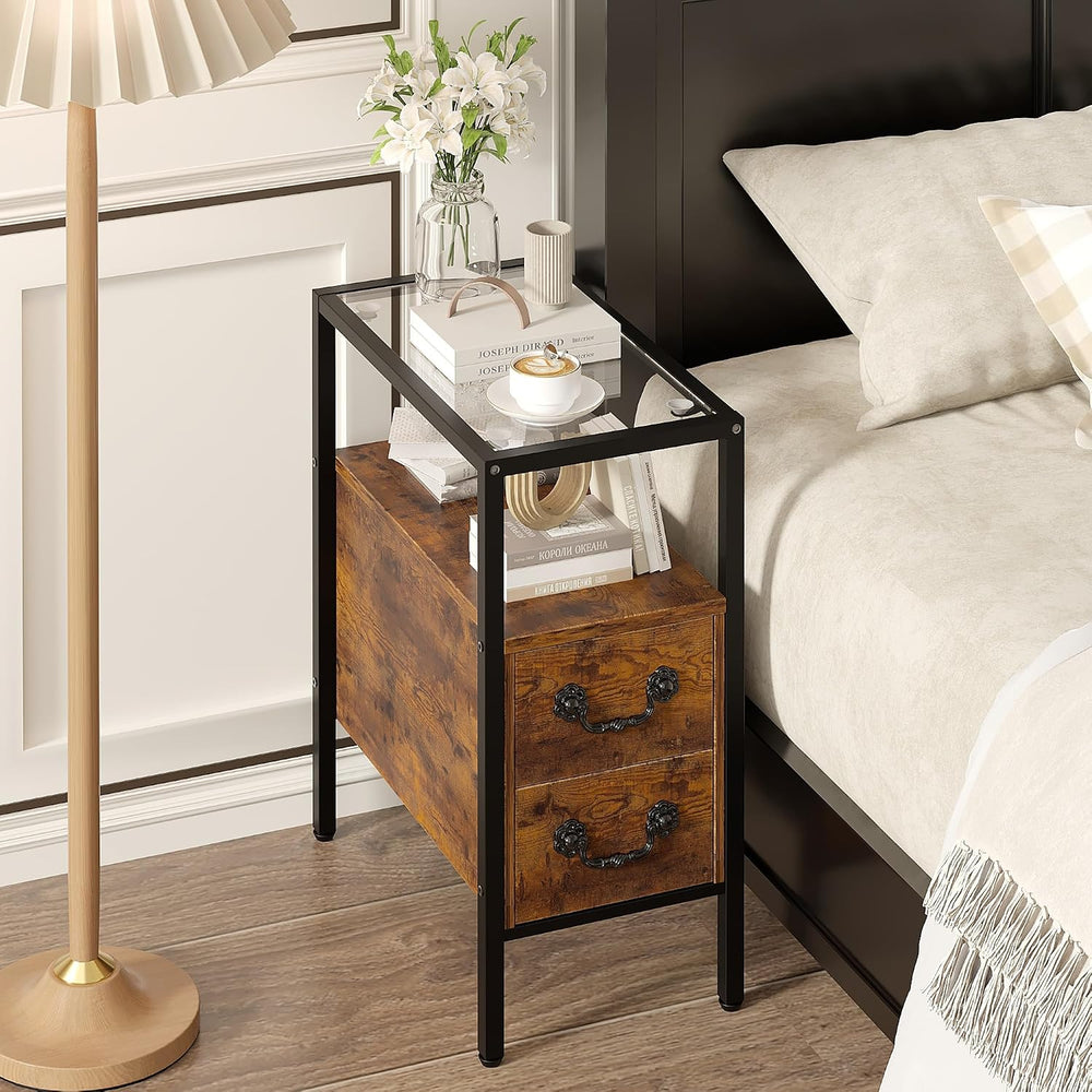 VECELO Narrow Side Table Set of 2, Night Stand Sofa Table with Glass Top,Beds...