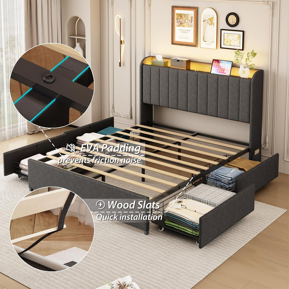 Queen Bed Frame with 4 Storage Drawers, LED Bed Frame with Charging Station, ...