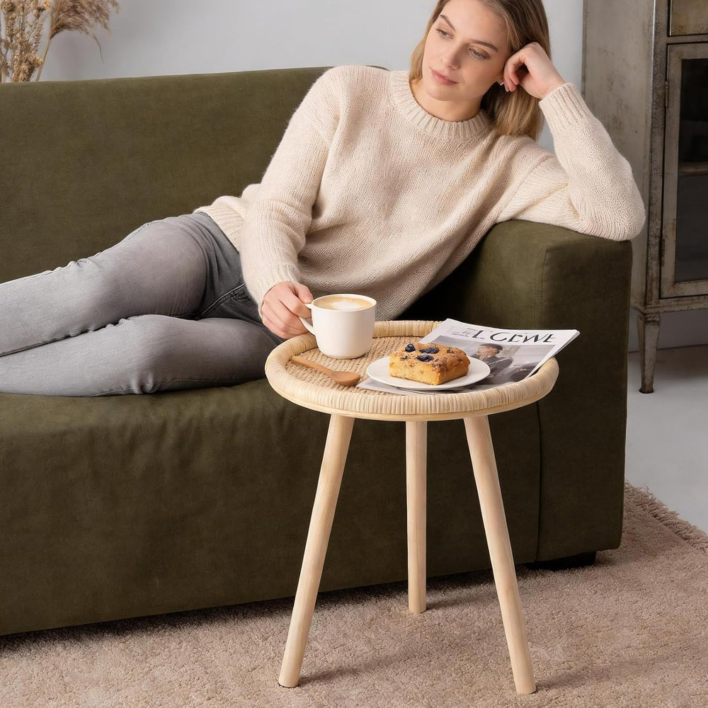 Small Rattan Side Table, Round Side Table for Living Room, Boho Wicker Coffee...