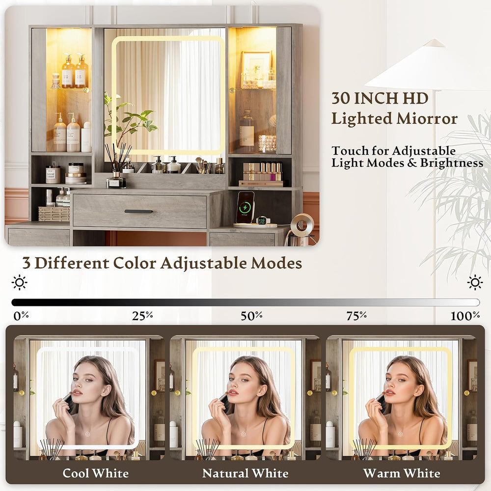 HUANLEGO Makeup Vanity Desk with Mirror and LED Lights for Girls, Grey | Farm...