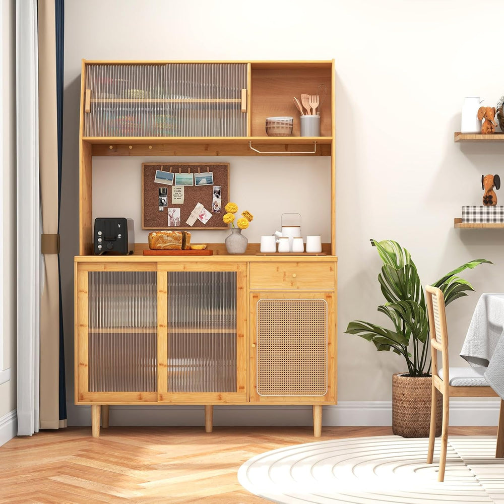 67" Tall Kitchen Pantry Storage Cabinet, Bamboo Hutch Cabinet with Micro...