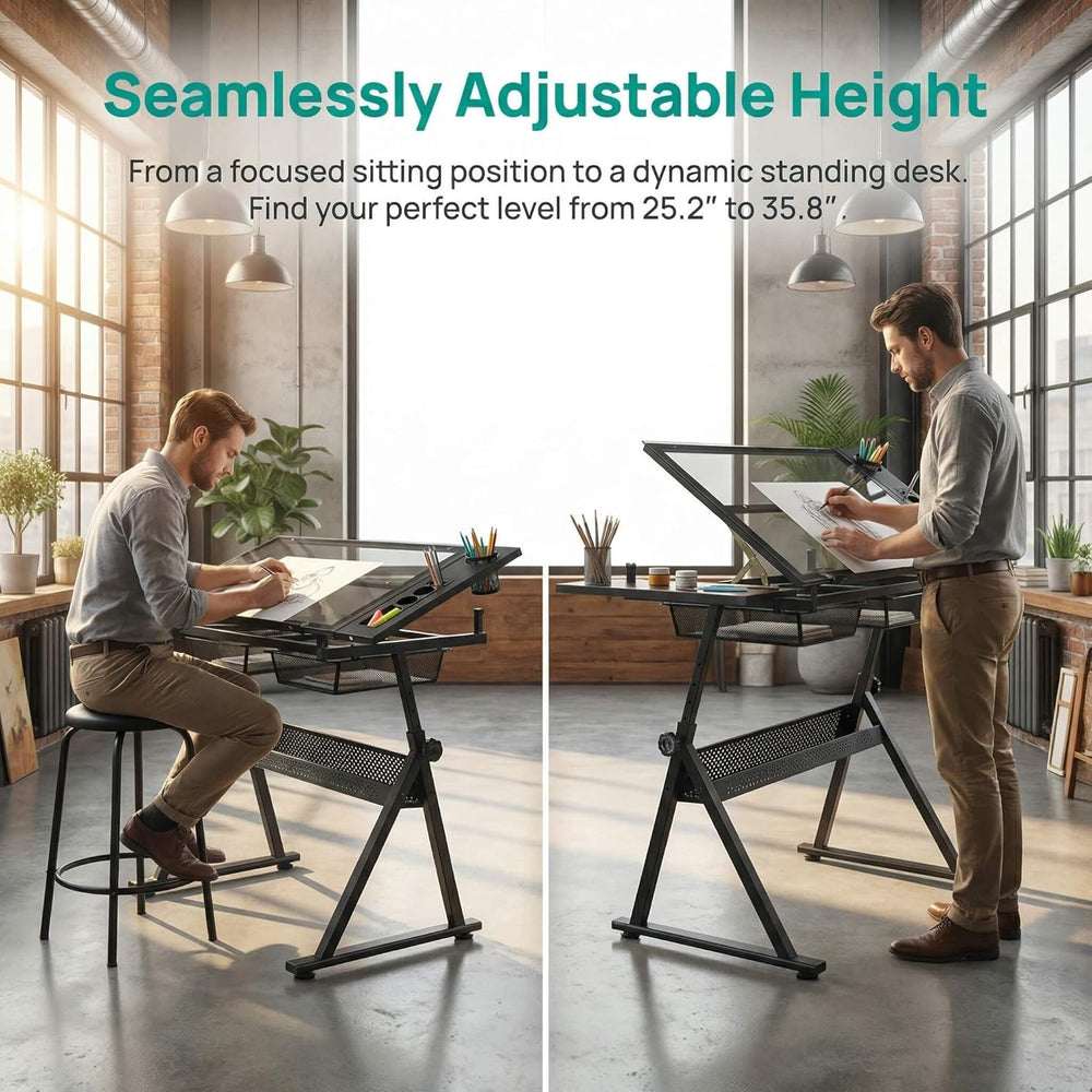 Litex Adjustable Drafting Table with Stool, Glass Top Art Desk for Drawing &a...