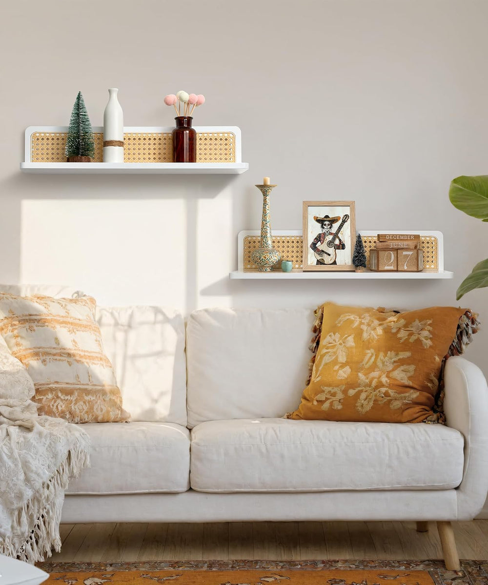 24 Inch White Rattan Wall Shelf, Boho Floating Shelves