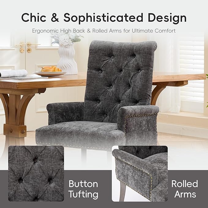 Upholstered Tufted Chenille Dining Chairs with Arms & Nailhead Trim – Sol...